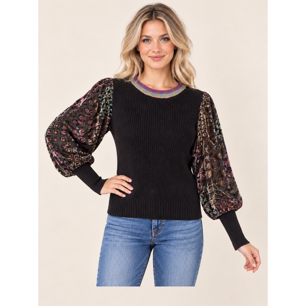 Fate Black Purple Knit Sweater Patterned Velvet Balloon Sleeves Size Small NWOT
